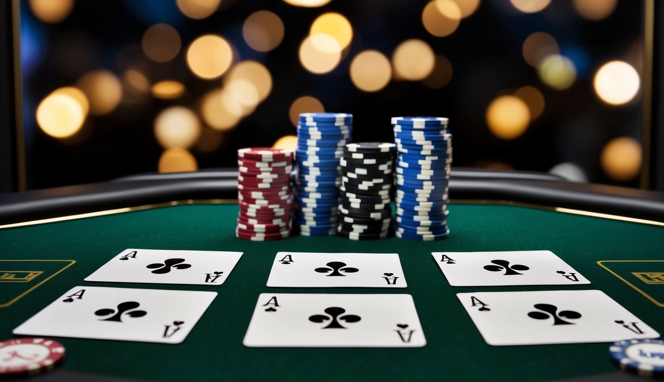 Sebuah meja blackjack digital dengan kartu dan chip, dikelilingi oleh latar belakang kasino virtual dengan antarmuka yang ramping dan modern