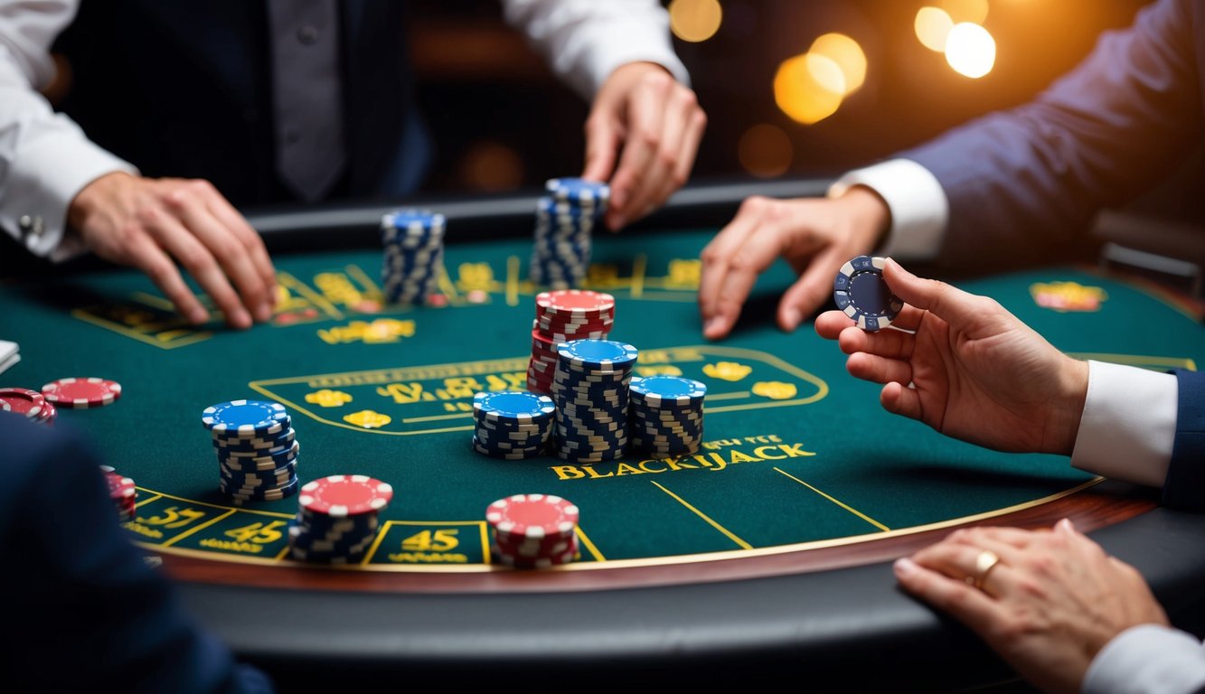 Sebuah meja blackjack dengan kartu yang dibagikan dan chip yang ditumpuk, tangan dealer dan tangan pemain, dengan ketegangan dan kegembiraan di udara