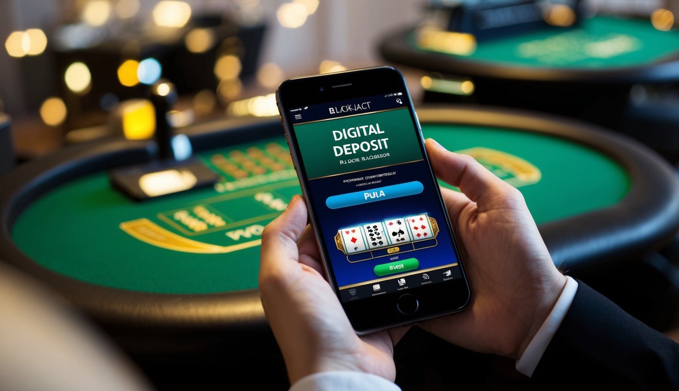 Sebuah smartphone menampilkan permainan blackjack dengan opsi deposit pulsa digital yang disorot