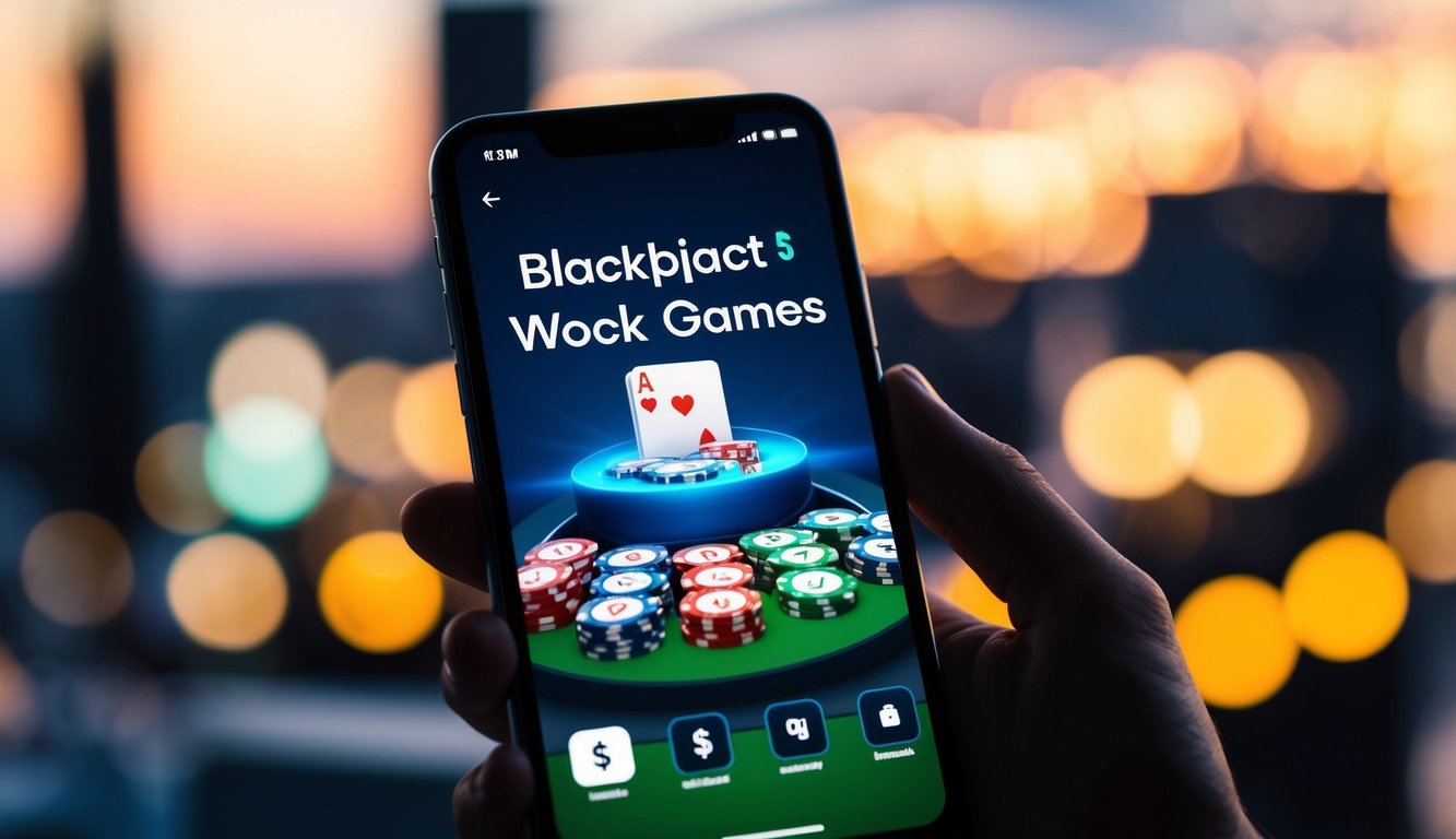 Sebuah smartphone yang menampilkan aplikasi permainan blackjack pada antarmuka yang ramping dan modern dengan warna-warna cerah dan grafik yang tajam