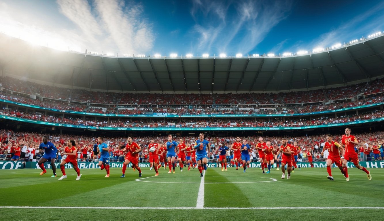 Sebuah stadion olahraga yang ramai dengan penggemar yang bersorak dan atlet yang berkompetisi di lapangan