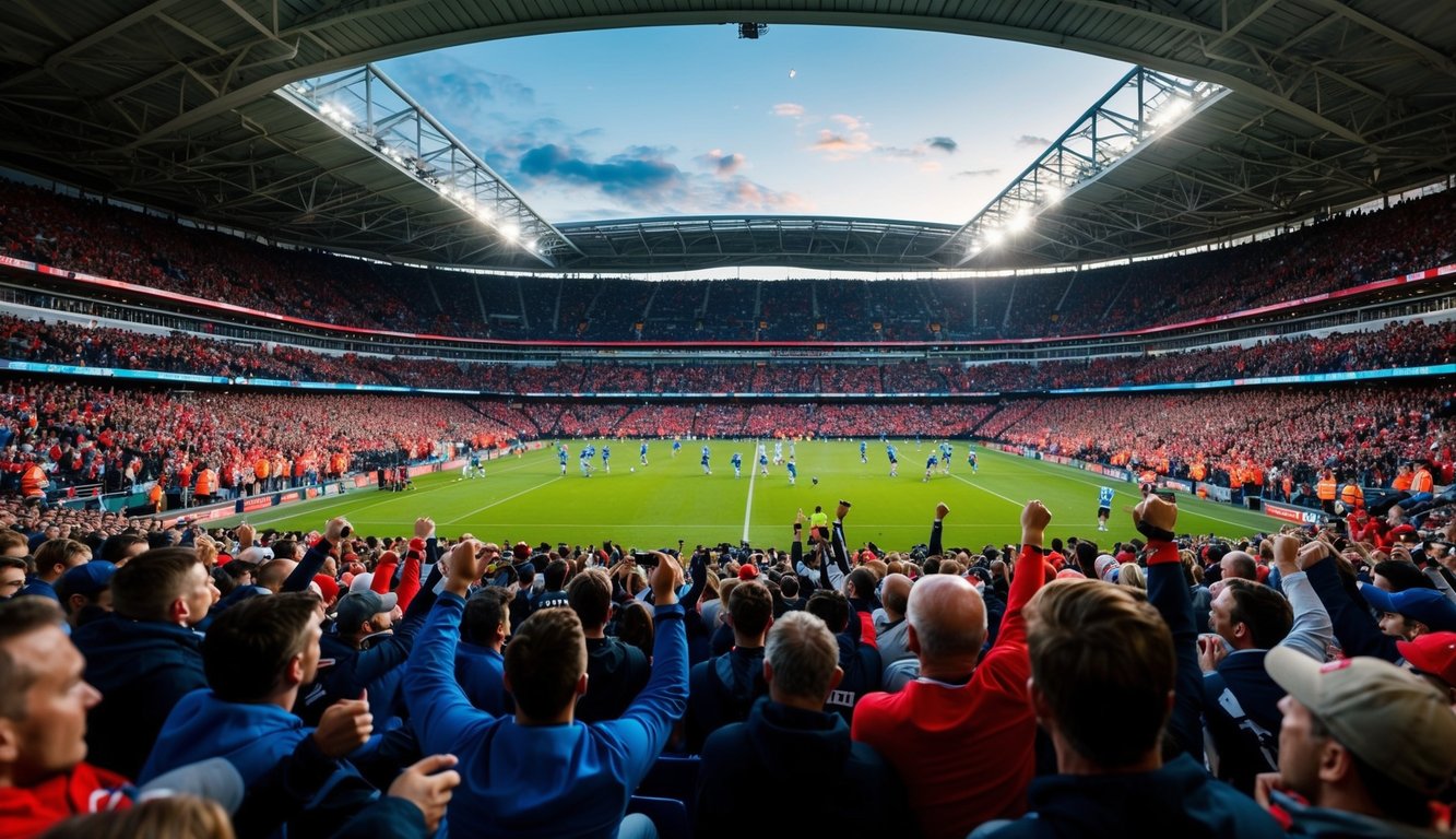 Sebuah stadion olahraga yang ramai dengan penggemar yang bersorak dan pemain yang sedang beraksi