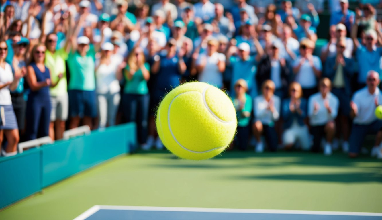 Sebuah bola tenis memantul di lapangan hijau yang cerah, dikelilingi oleh kerumunan penonton yang bersorak-sorai