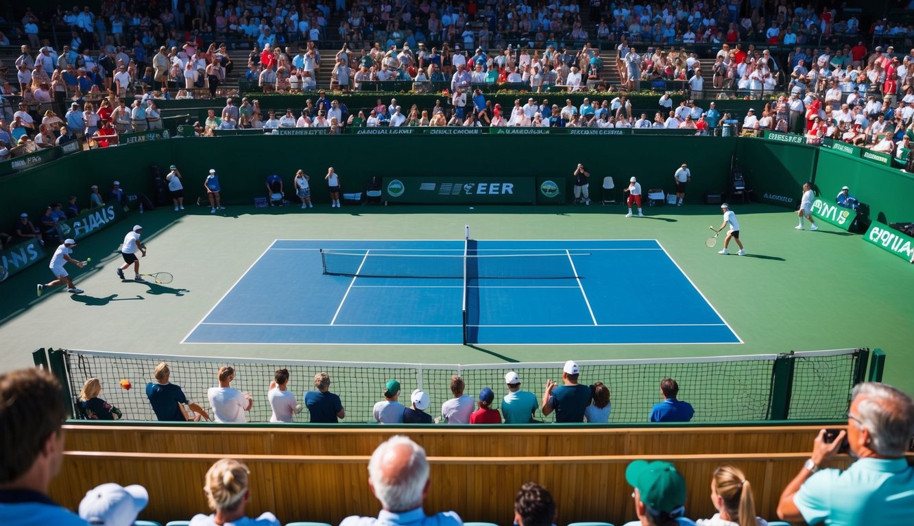 Sebuah lapangan tenis dengan jaring, dikelilingi oleh penonton dan pemain