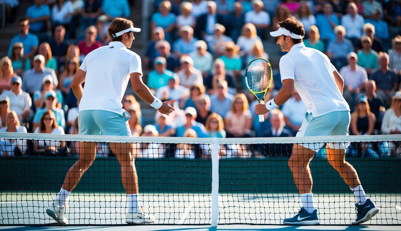 Dua pemain tenis saling berhadapan di lapangan, dengan jaring di antara mereka, dikelilingi oleh kerumunan penonton