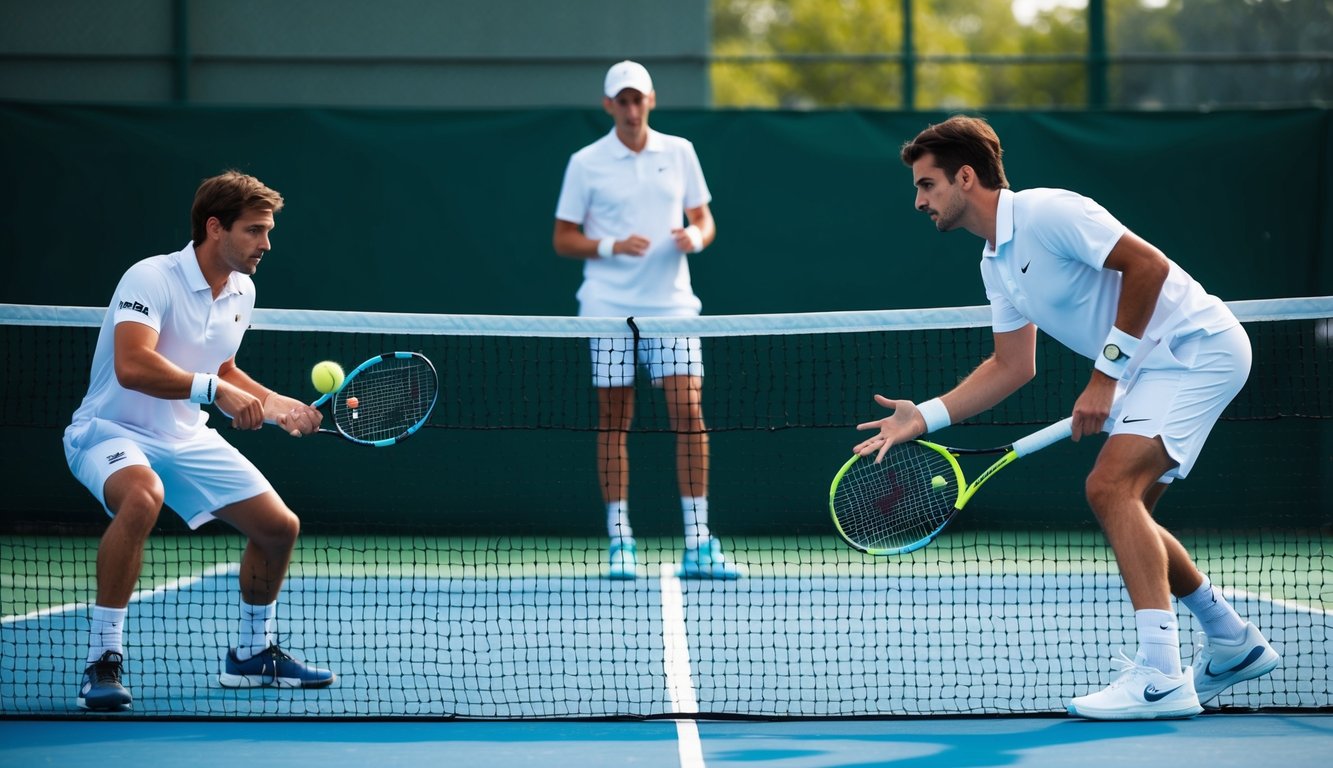 Dua pemain tenis yang sedang merencanakan strategi di lapangan, menganalisis gerakan lawan dan merencanakan langkah selanjutnya