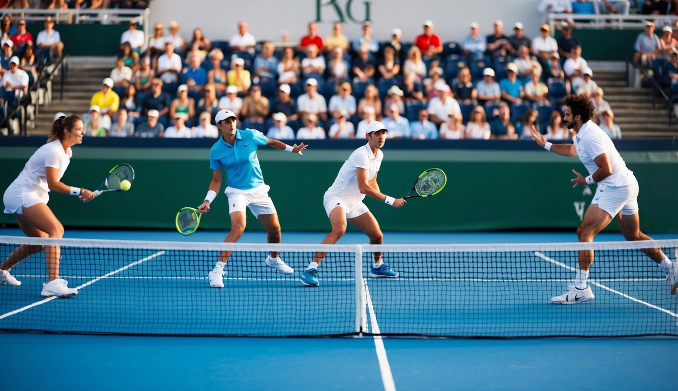 Sebuah pertandingan tenis sedang berlangsung dengan pemain di sisi yang berlawanan dari lapangan, melakukan servis dan mengembalikan bola. Penonton menyaksikan dari tribun.