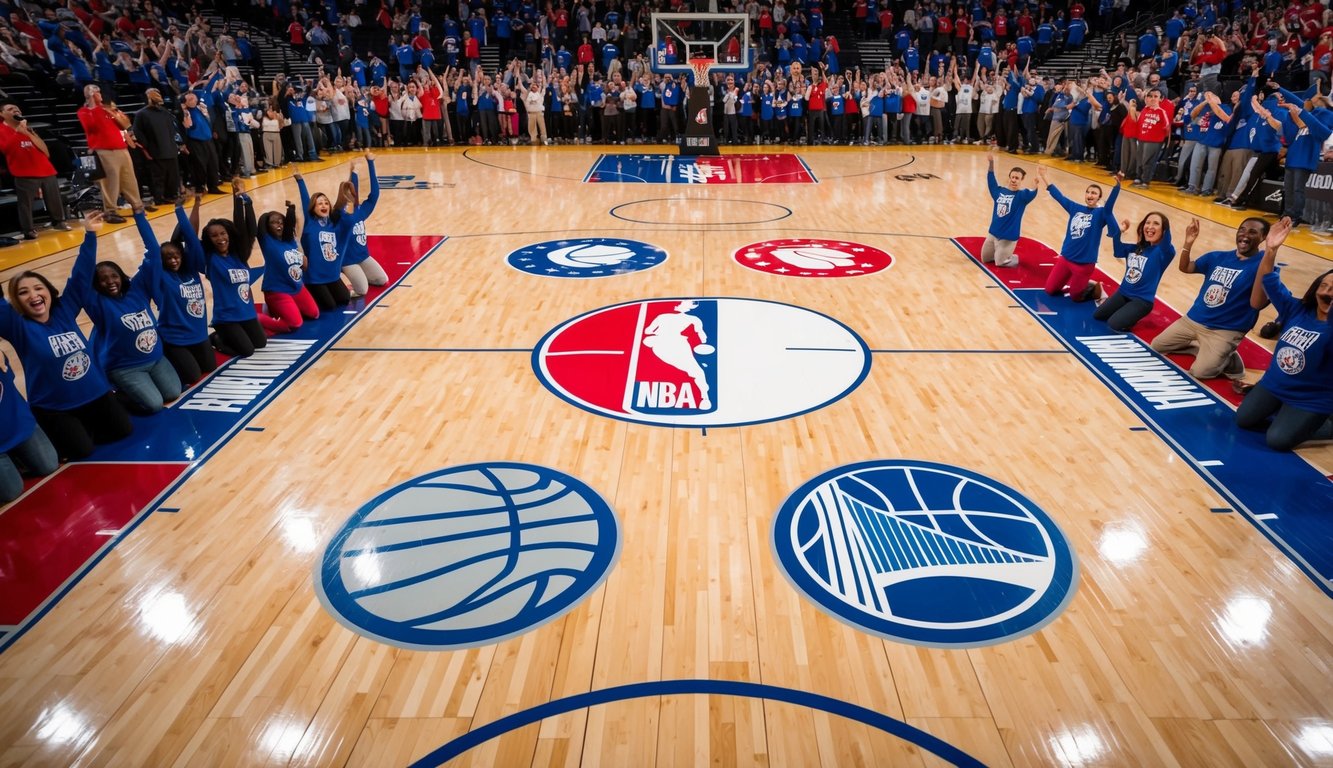 Sebuah lapangan basket dengan logo tim NBA di lantai, dikelilingi oleh penggemar yang bersorak dengan warna tim