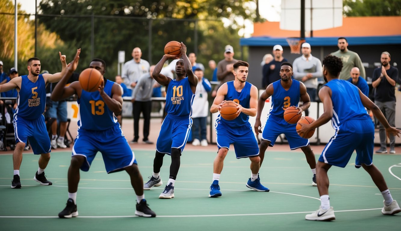 Sekelompok pemain basket berlatih dribbling dan menembak di lapangan terbuka. Penonton bersorak dan memasang taruhan pada permainan.