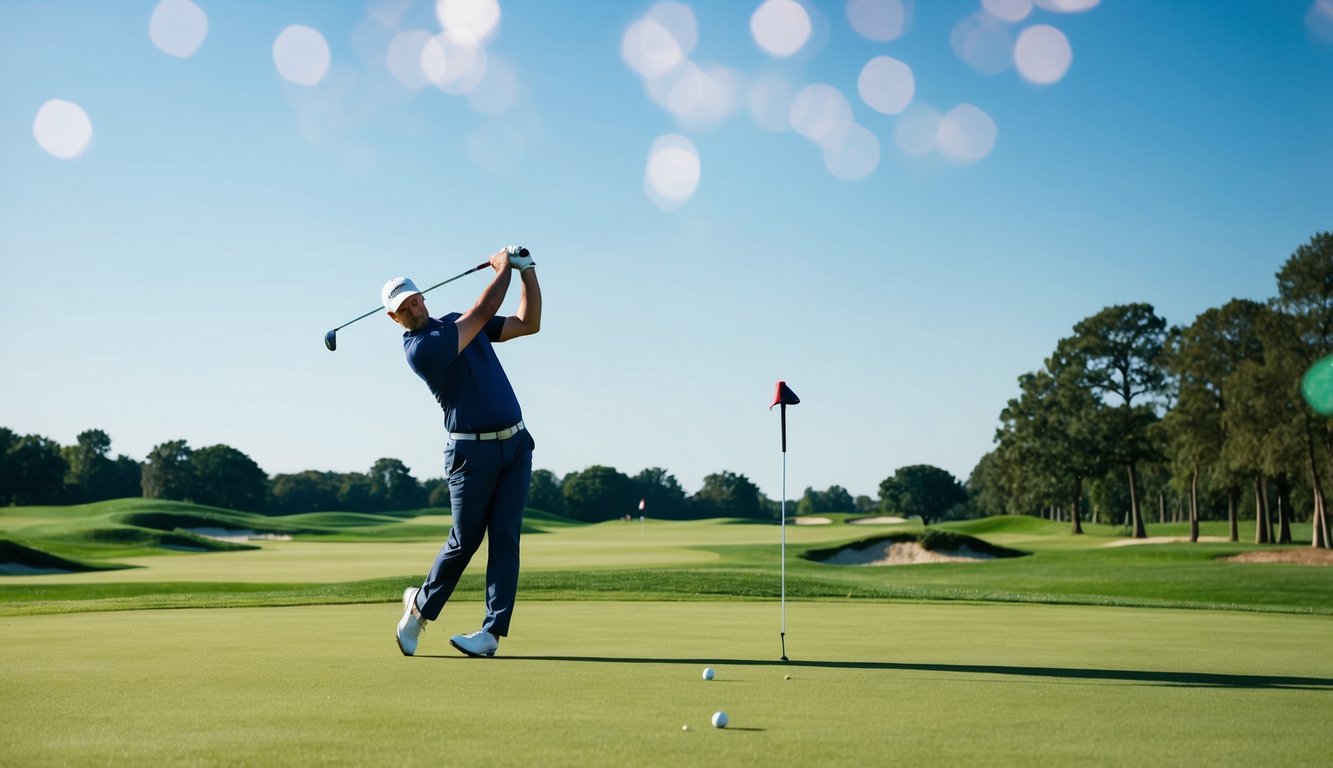 Sebuah lapangan golf dengan fairway hijau subur, langit biru cerah, dan seorang pegolf yang sedang melakukan ayunan