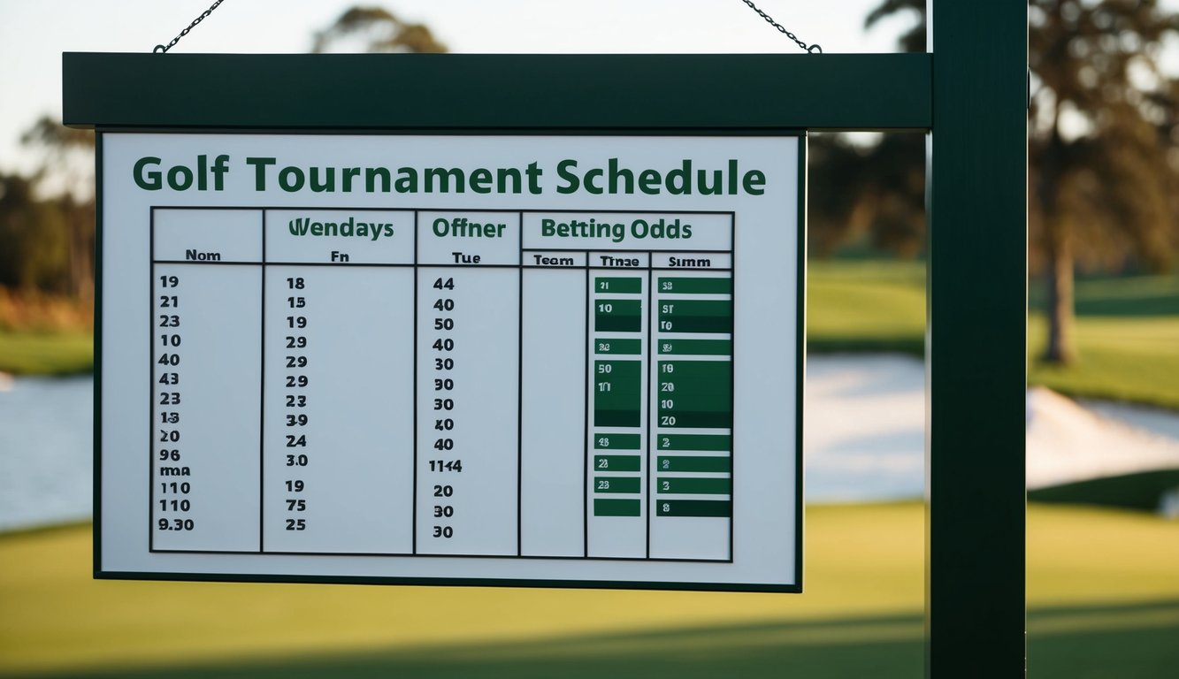 Jadwal turnamen golf ditampilkan di papan tanda dengan peluang taruhan