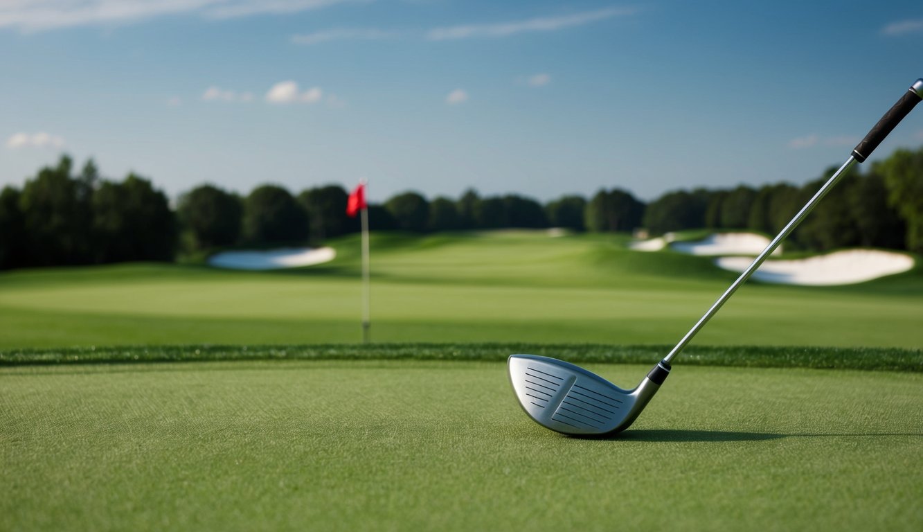 Sebuah lapangan golf dengan jalur hijau subur dan langit biru yang cerah, dengan bendera berkibar di kejauhan