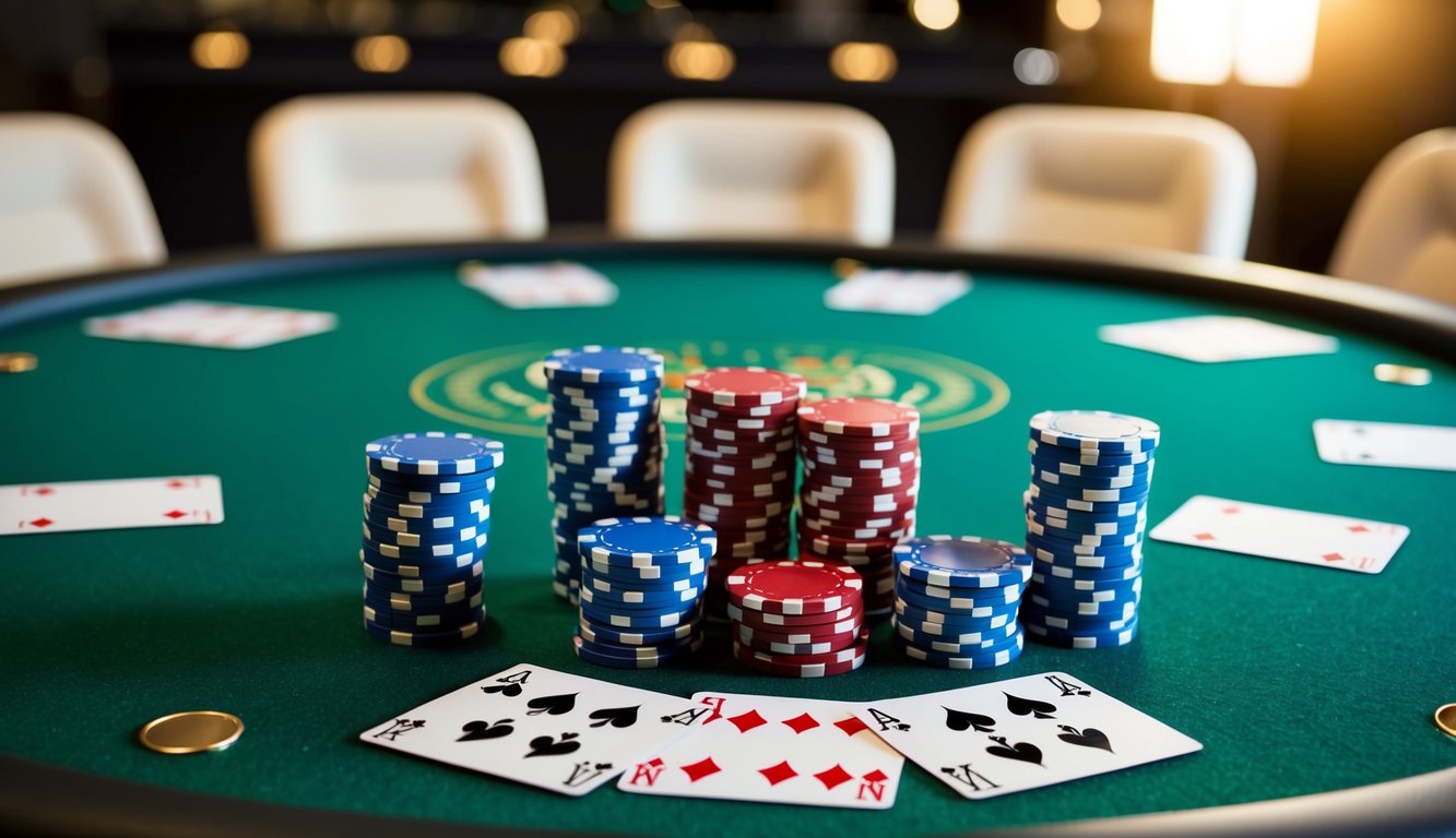 Sekelompok chip poker dan kartu yang tersebar di atas meja felt hijau, dikelilingi oleh kursi pemain dan posisi dealer