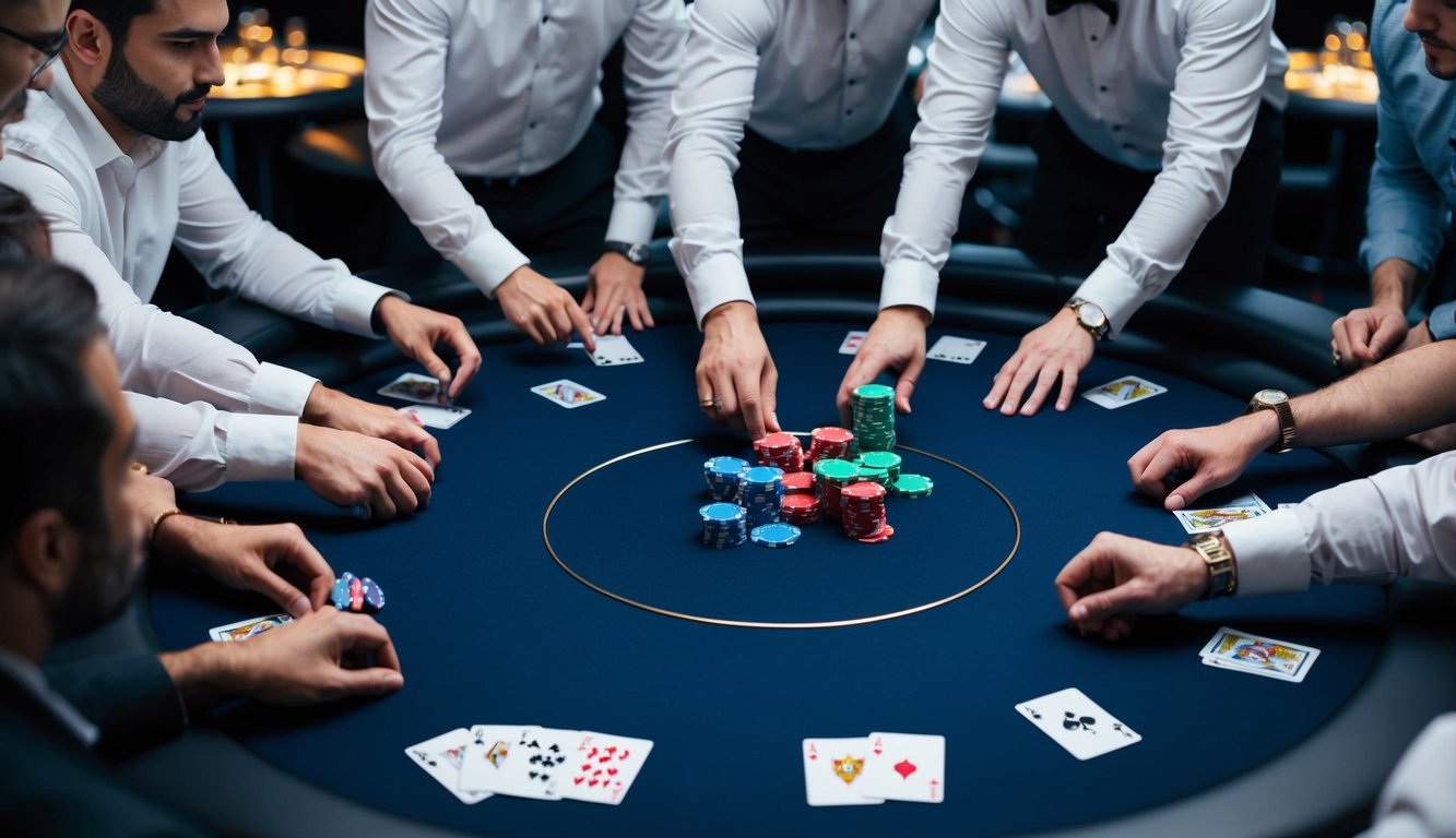 Sekelompok pemain poker berkumpul di sekitar meja modern yang ramping, dengan chip berwarna-warni dan kartu berserakan di permukaannya.