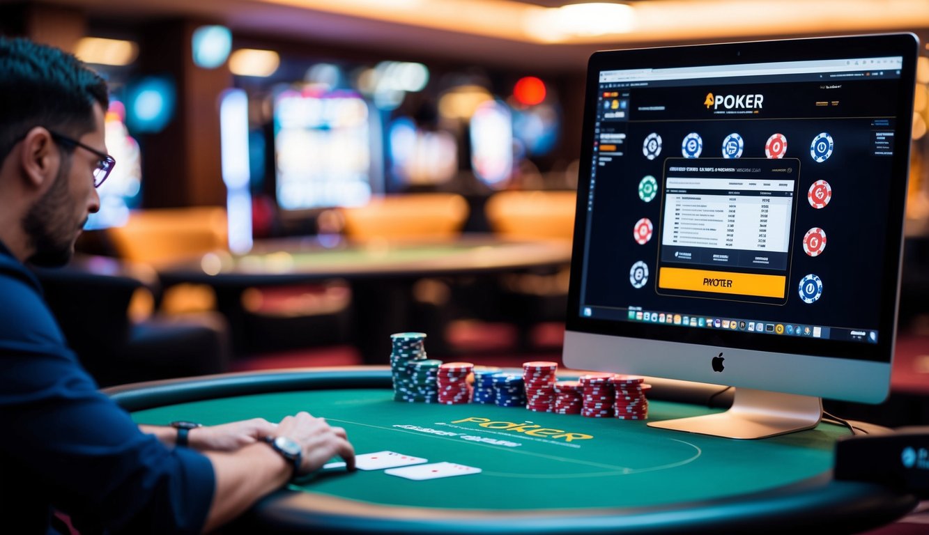 Meja poker dengan kartu, chip, dan komputer yang menampilkan situs web poker online