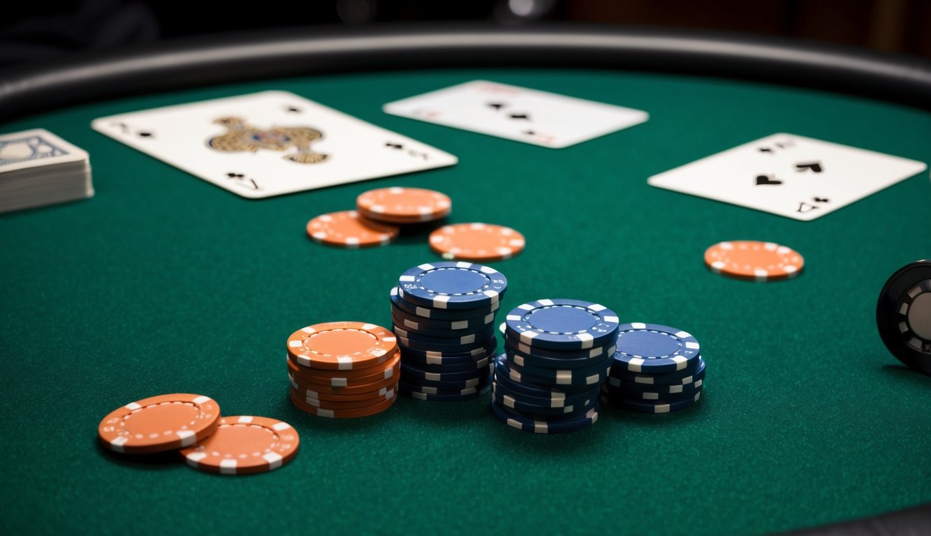 Sekumpulan chip poker tersebar di atas meja felt hijau, dengan setumpuk kartu dan tombol dealer di latar belakang