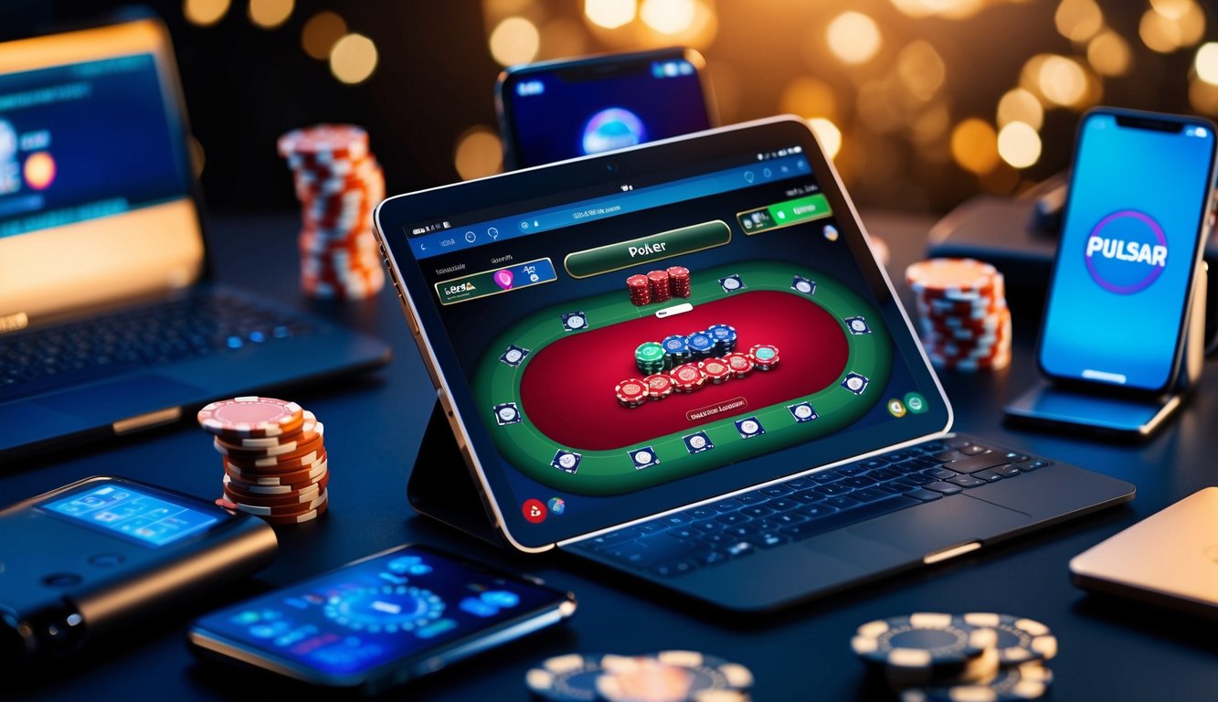 Sebuah perangkat digital yang menampilkan meja poker dengan chip virtual, dikelilingi oleh berbagai gadget elektronik dan ponsel dengan opsi deposit pulsar