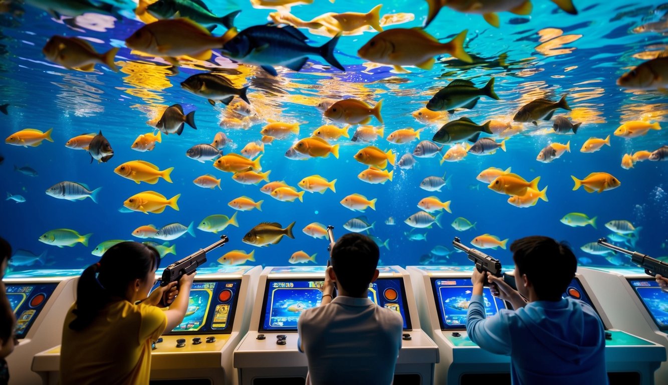 Sebuah arcade bawah laut yang ramai dengan ikan berwarna-warni berenang ke segala arah, pemain mengarahkan senjata mereka ke makhluk laut virtual