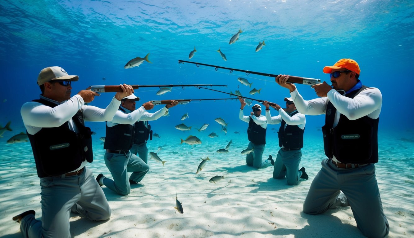 Sekelompok nelayan yang secara strategis membidik dan menembak ikan di dunia bawah laut yang penuh warna