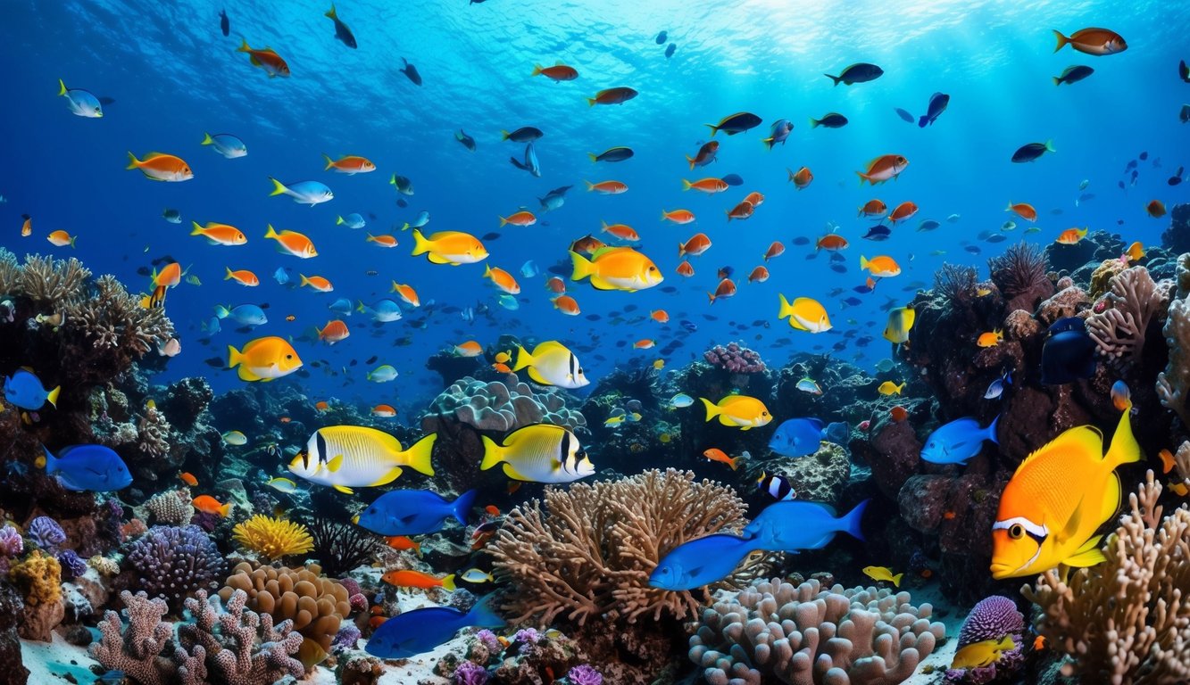 Sebuah dunia bawah laut yang ramai dengan ikan berwarna-warni dan makhluk laut yang berenang di sekitar terumbu karang yang cerah