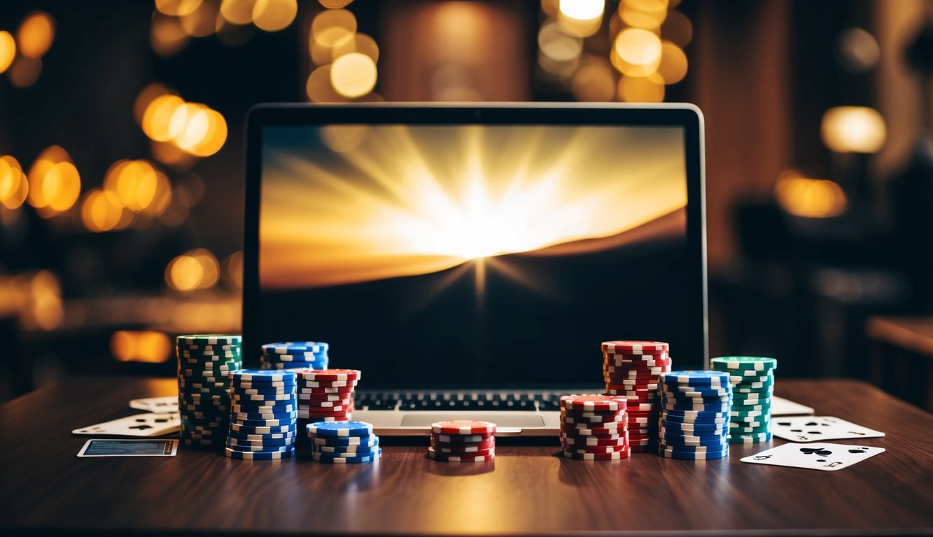 Sebuah laptop dengan layar yang bersinar dikelilingi oleh tumpukan chip poker dan kartu permainan di atas meja kayu