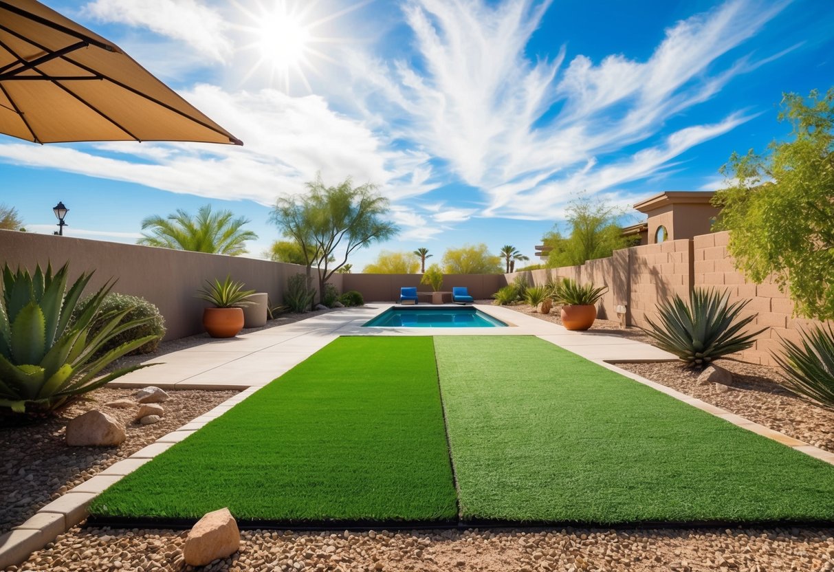 A landscaped backyard with artificial turf in Las Vegas, surrounded by desert plants and a sunny sky