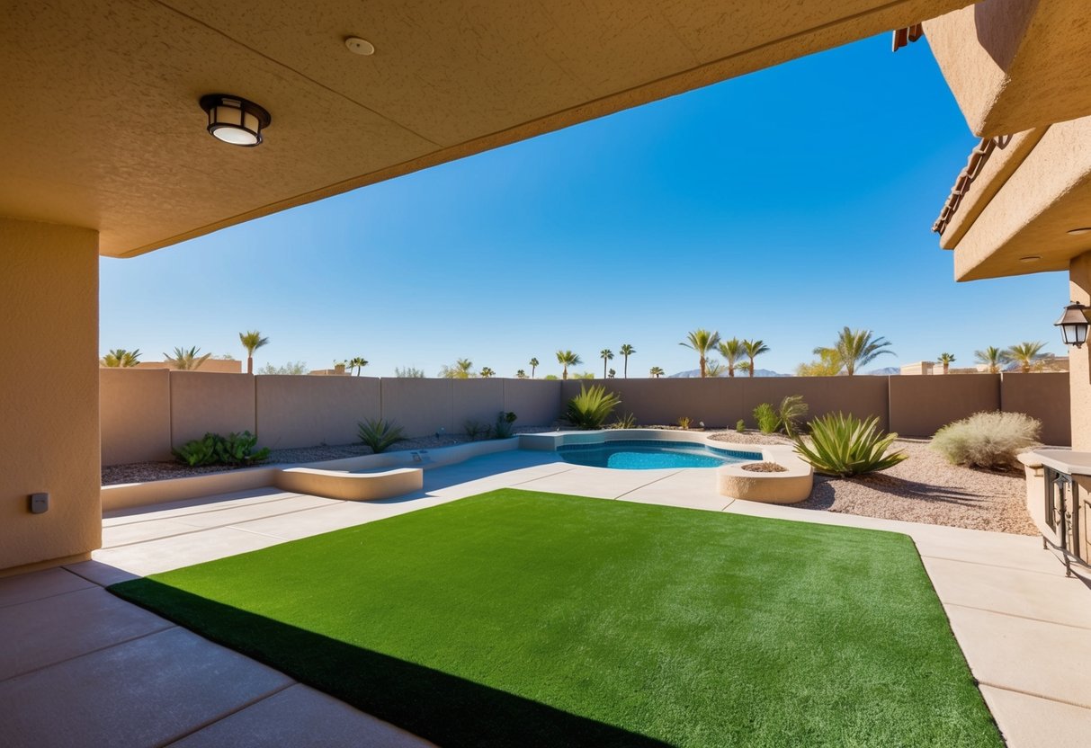 A sunny Las Vegas backyard with well-groomed artificial turf, surrounded by desert landscaping and a clear blue sky