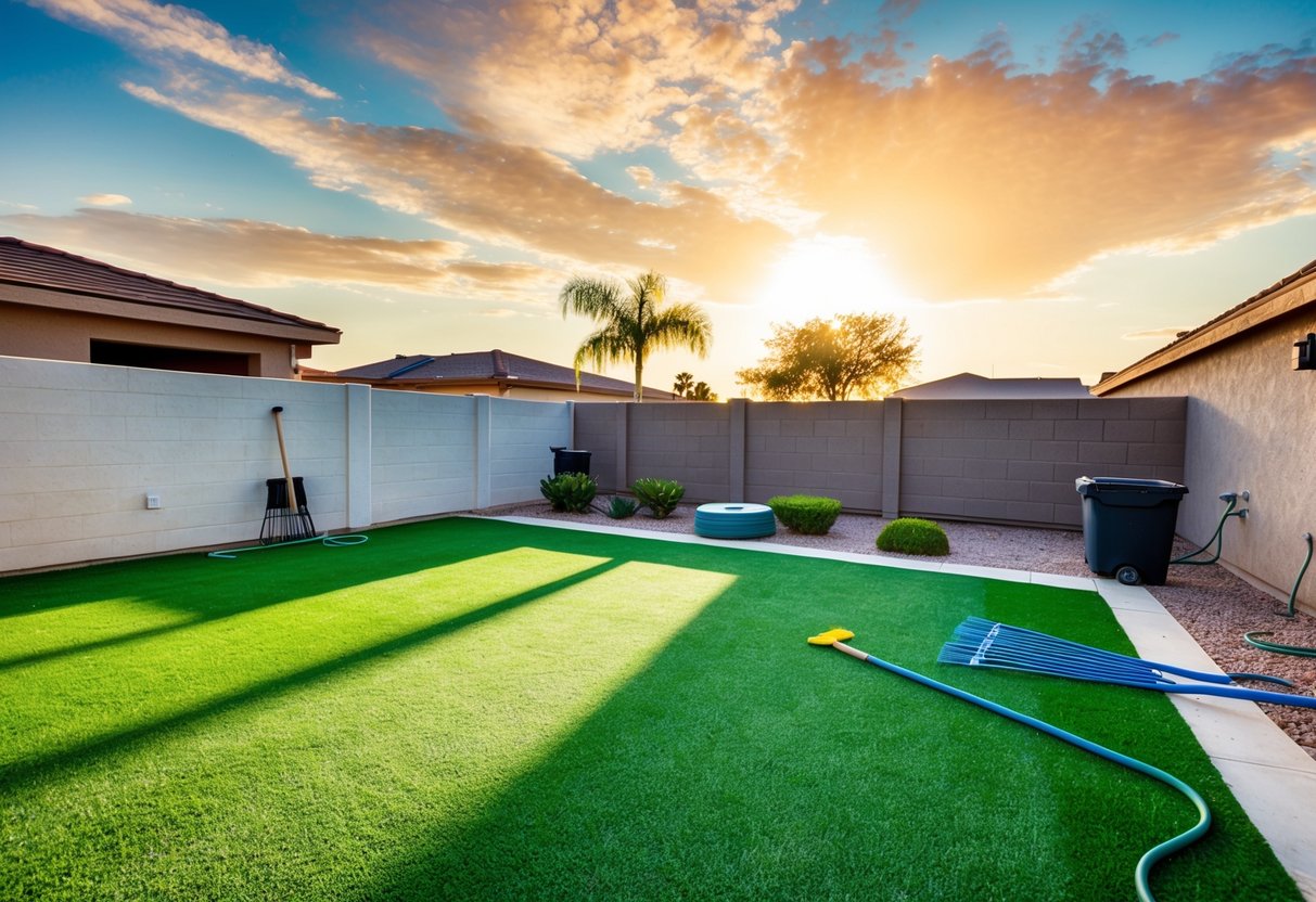 A landscaped backyard with artificial turf under the hot sun of Las Vegas. A rake, broom, and hose lay nearby for maintenance