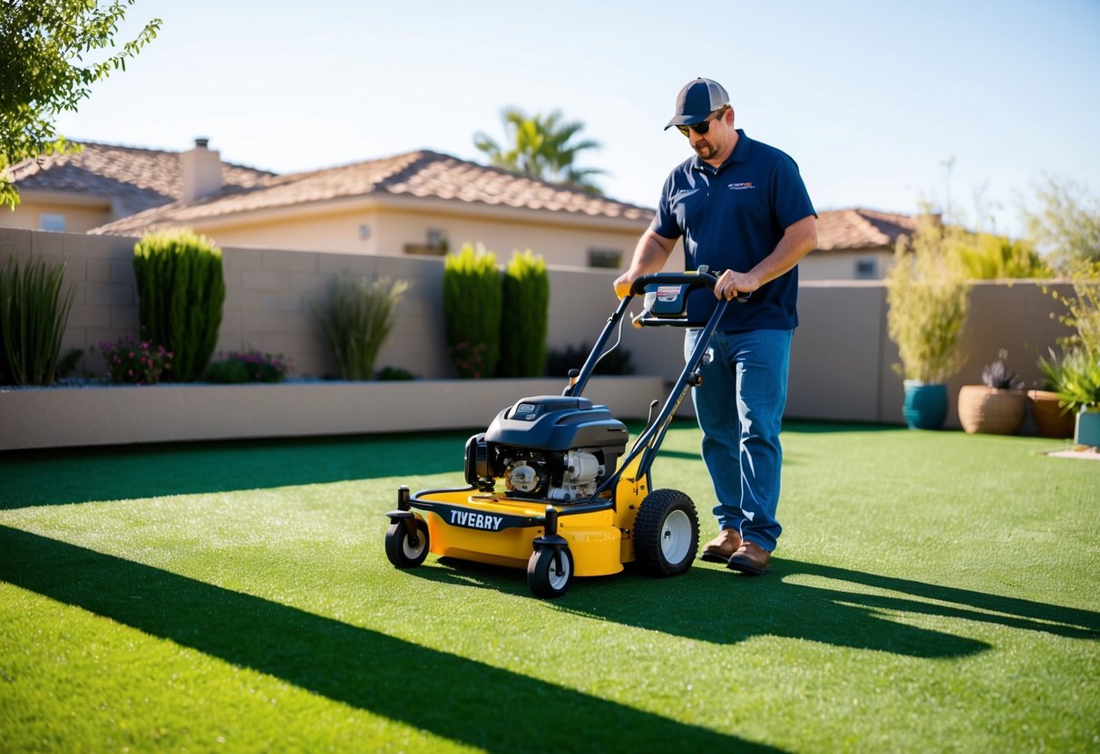 A landscaper in Las Vegas uses specialized equipment to groom and maintain artificial turf in a sunny backyard