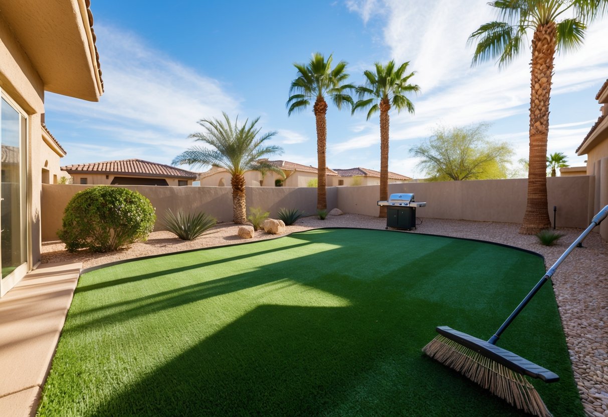 A sunny Las Vegas backyard with artificial turf being brushed and raked, surrounded by desert landscaping and palm trees