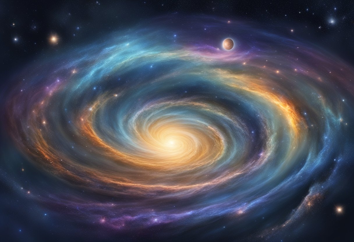 A vast, swirling galaxy surrounded by smaller celestial bodies, emitting a sense of awareness and interconnectedness