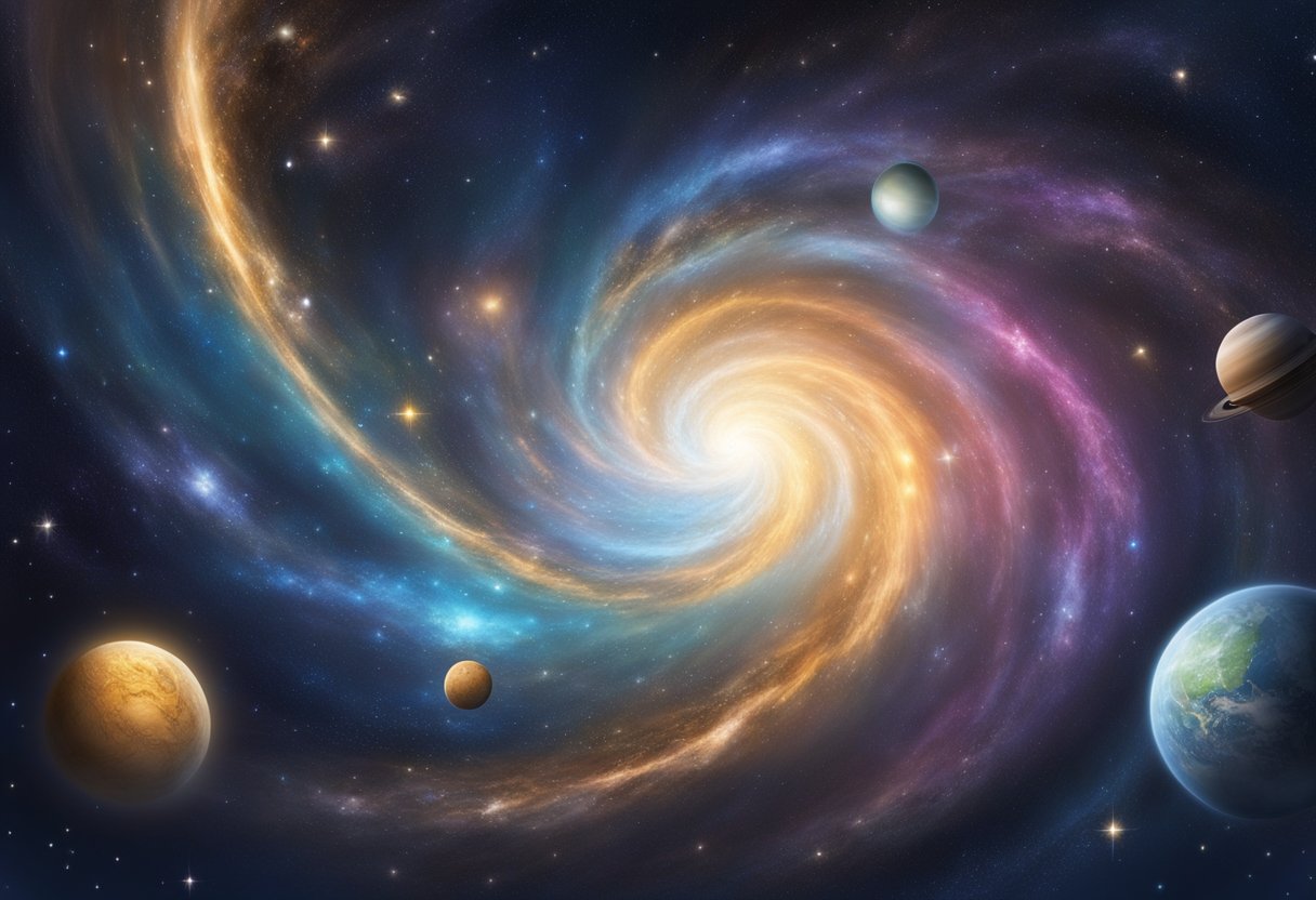 A swirling galaxy of stars and planets, each emitting a faint glow, surrounded by the ethereal energy of the universe