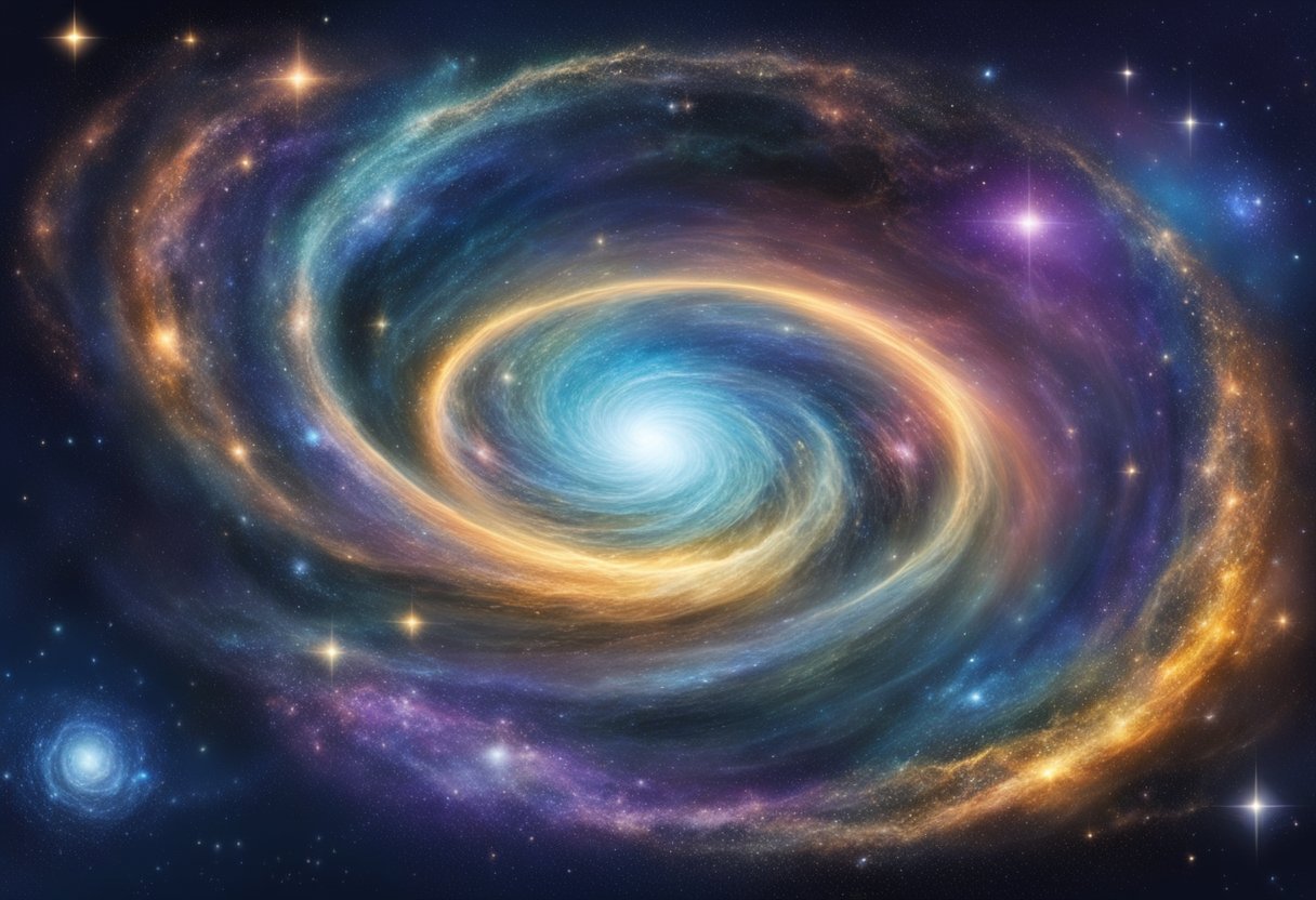 A vast, swirling galaxy with stars, planets, and cosmic energy interacting in a harmonious and interconnected web of consciousness