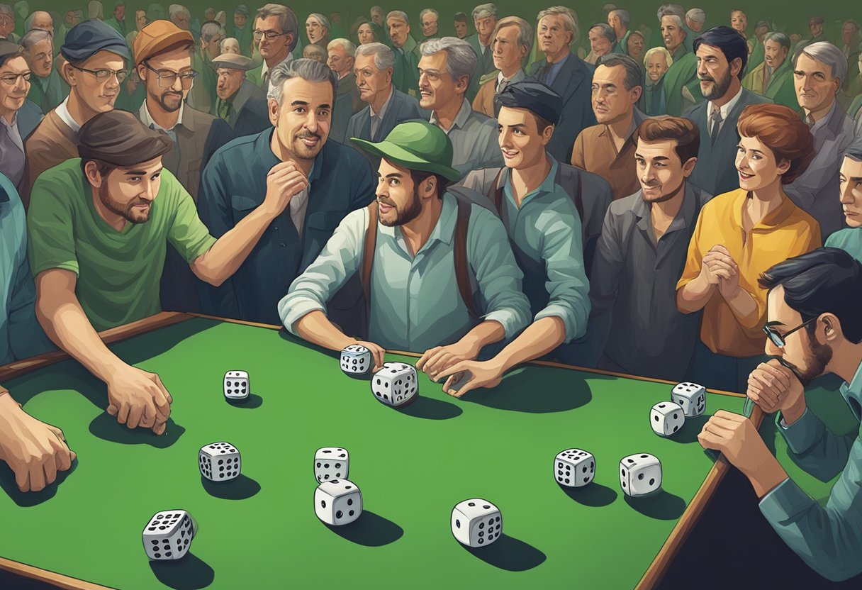 A pair of dice rolling across a green felt table, surrounded by a crowd of onlookers with tense expressions