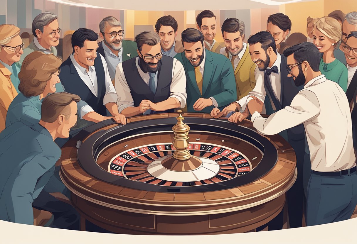 A group of people gathered around a roulette table, eagerly watching the spinning wheel as they place bets, their faces filled with excitement and anticipation