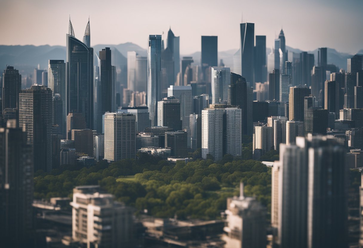 A city skyline with stagnant growth and soaring prices, surrounded by fluctuating economic indicators and real estate properties