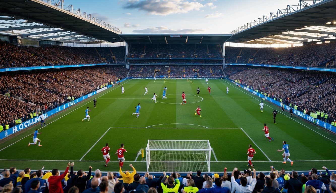 Sebuah stadion yang ramai dengan pertandingan sepak bola yang sedang berlangsung, para pemain berlari di lapangan, dan para penggemar bersorak di tribun.