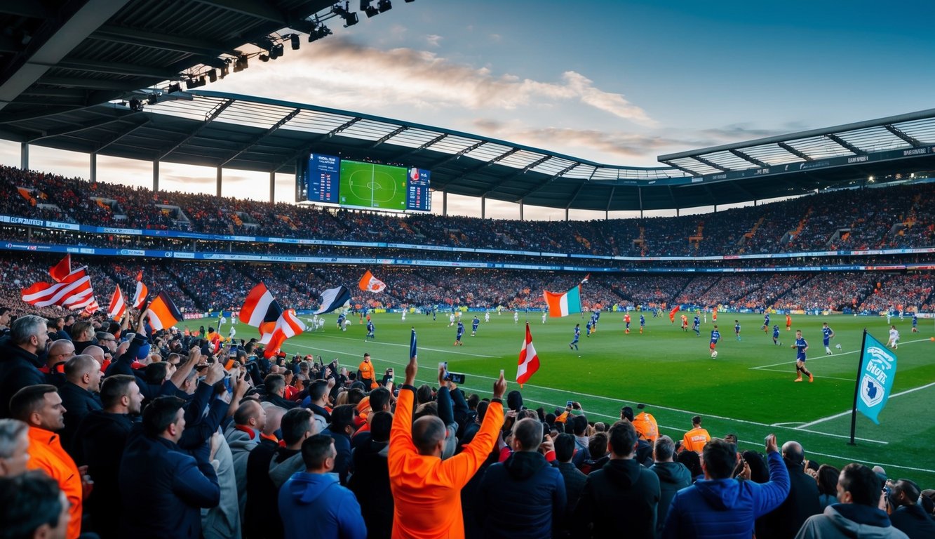 Sebuah stadion olahraga yang ramai dengan pertandingan sepak bola yang sedang berlangsung, para penggemar bersorak dan melambaikan bendera, serta tampilan digital yang menunjukkan peluang taruhan langsung