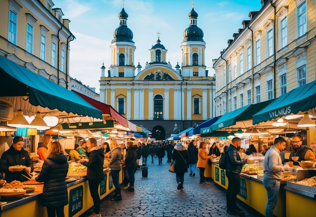 Judri gatvės turgus su spalvingomis maisto prekėmis ir įvairiomis virtuvėmis, apsuptas istorinių pastatų Vilniuje