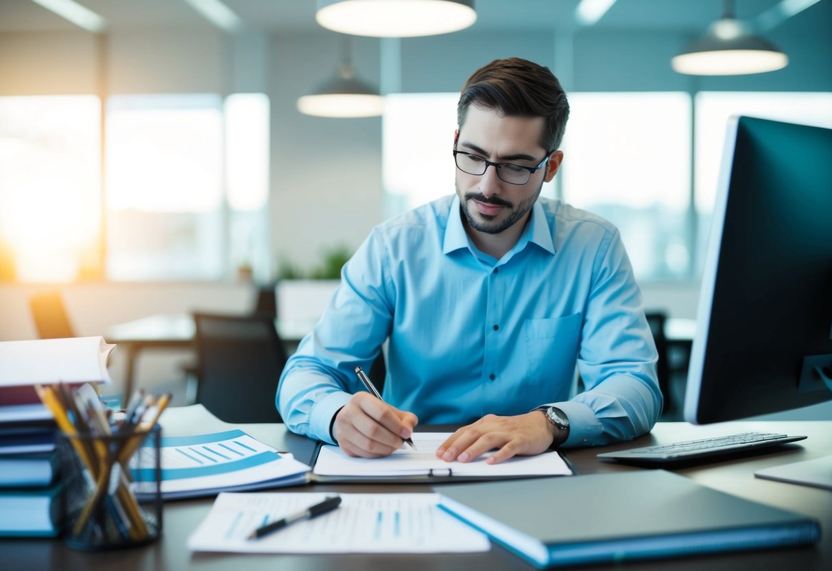 Un rédacteur technique rédige un document à un bureau entouré de documents de référence et d'un ordinateur.