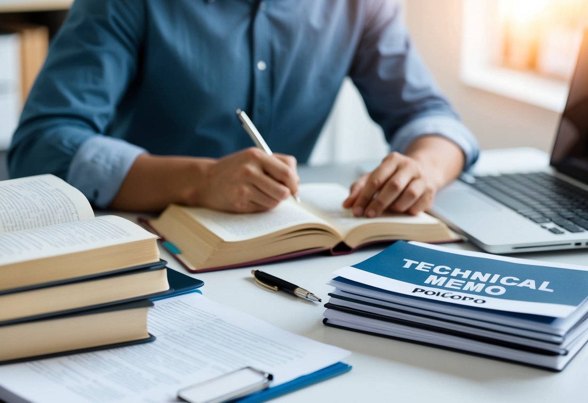 Une personne faisant des recherches et écrivant à un bureau entouré de livres ouverts, d'un ordinateur portable et de notes. Une pile de papiers étiquetée "Mémo Technique" se trouve à proximité.