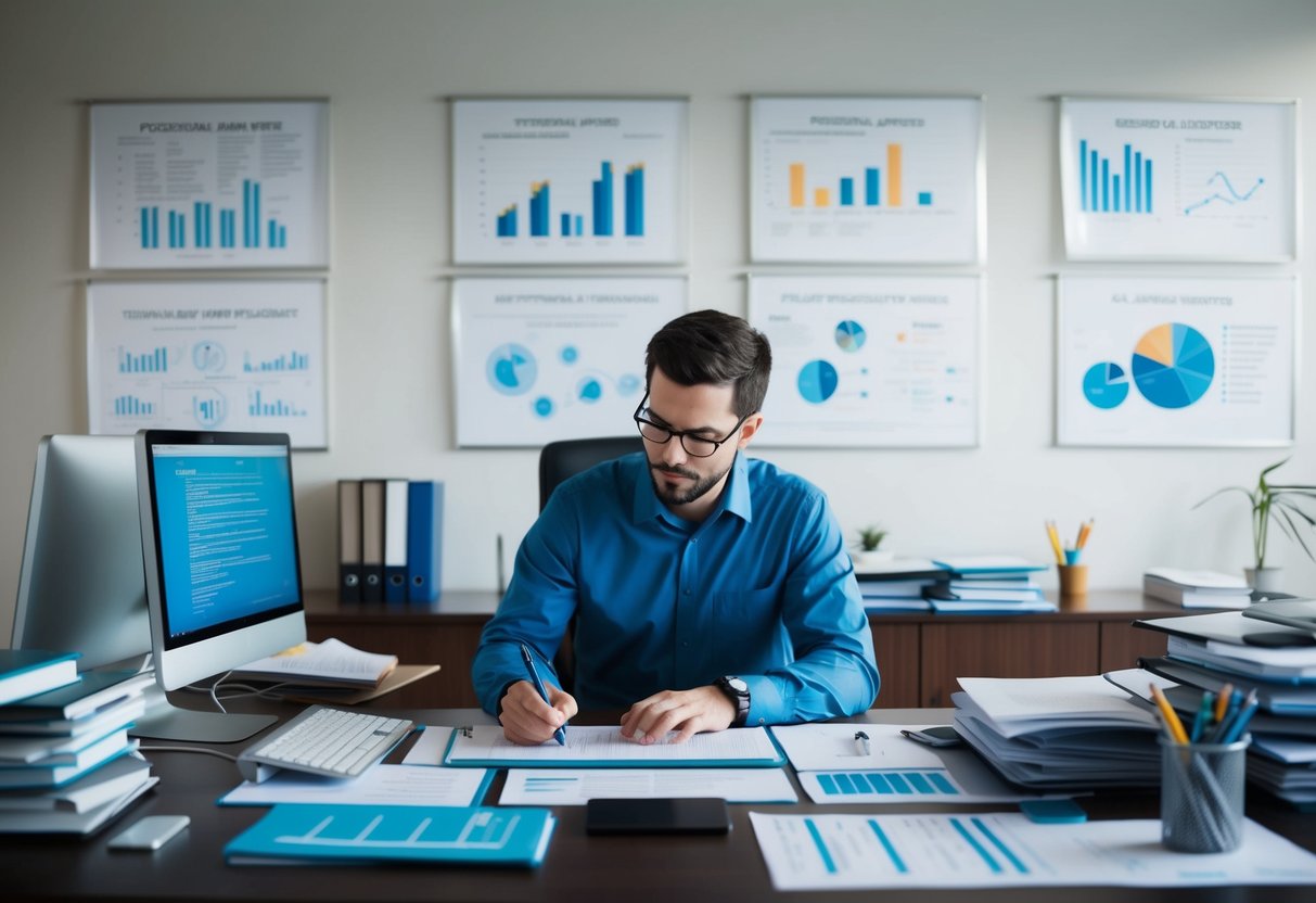 Un rédacteur technique à un bureau entouré de documents de référence, tapant sur un ordinateur, avec des graphiques et des diagrammes sur le mur.