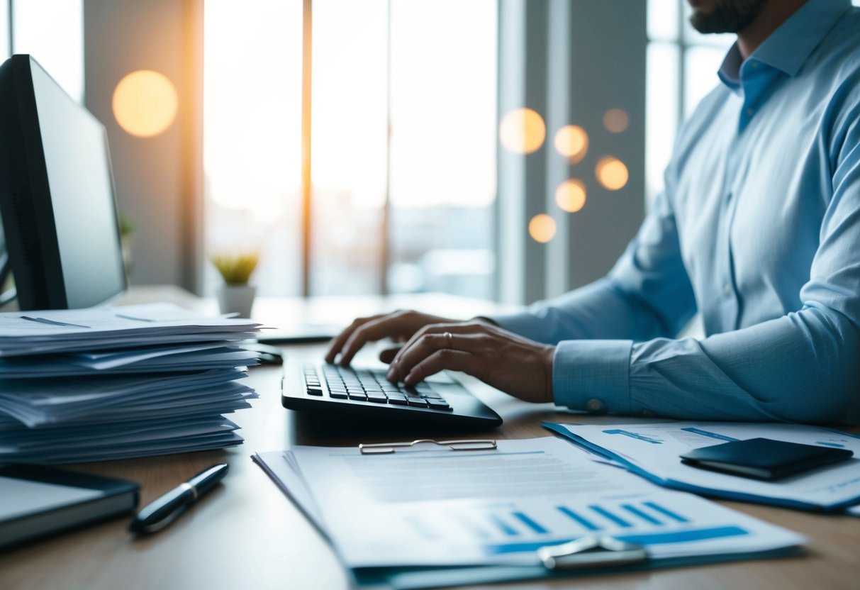 Une personne à un bureau, entourée de papiers, tapant sur un ordinateur, avec une pile de documents techniques et un stylo à proximité.