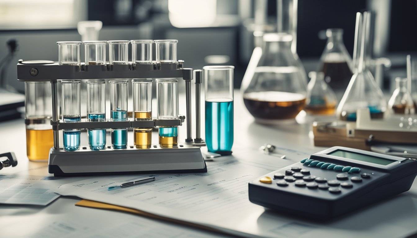 A laboratory table with test tubes, beakers, and scientific equipment, surrounded by charts and graphs depicting market trends and legal regulations