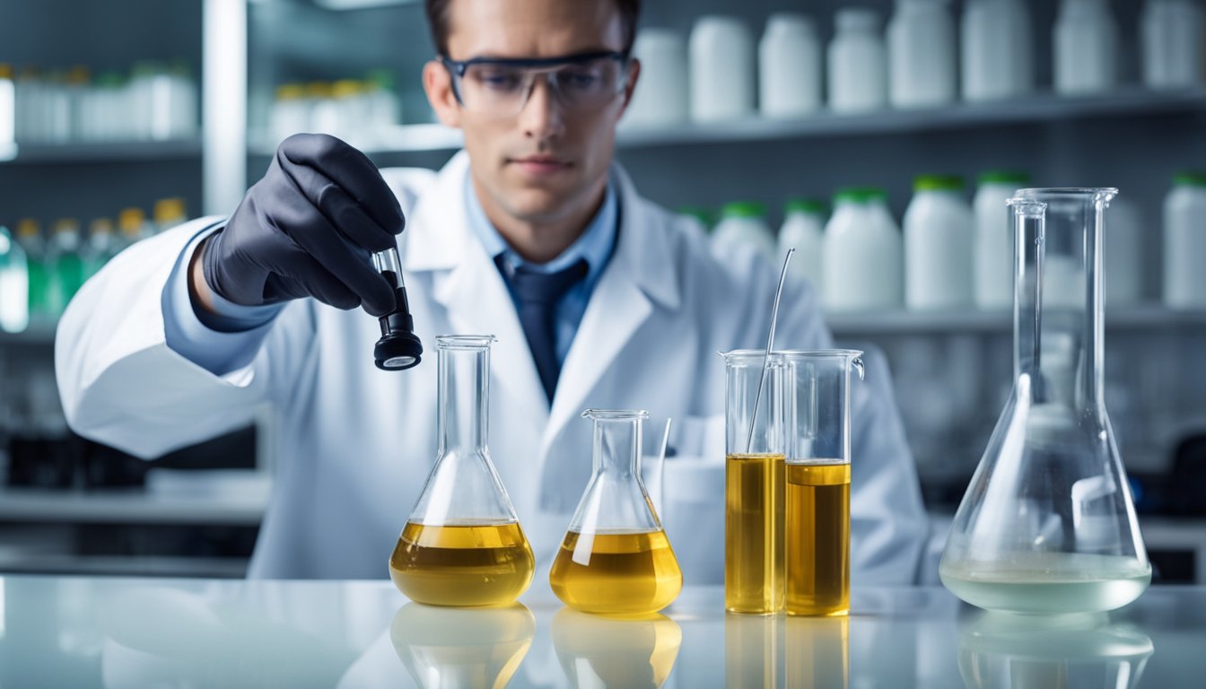 A laboratory table with test tubes, beakers, and scientific equipment, with a scientist conducting experiments on Nicotinamide Riboside Hydrogen Malate