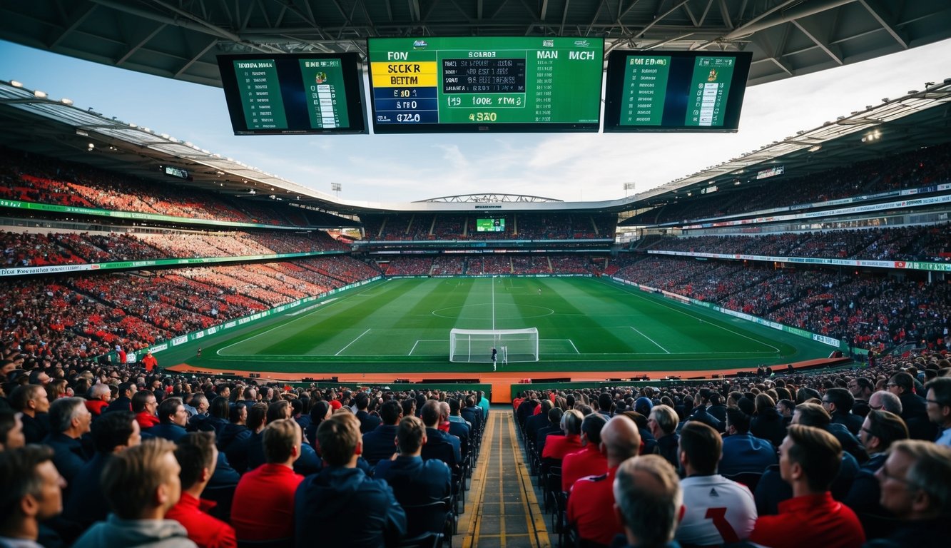 Sebuah stadion olahraga yang ramai dengan layar taruhan langsung dan papan skor waktu nyata