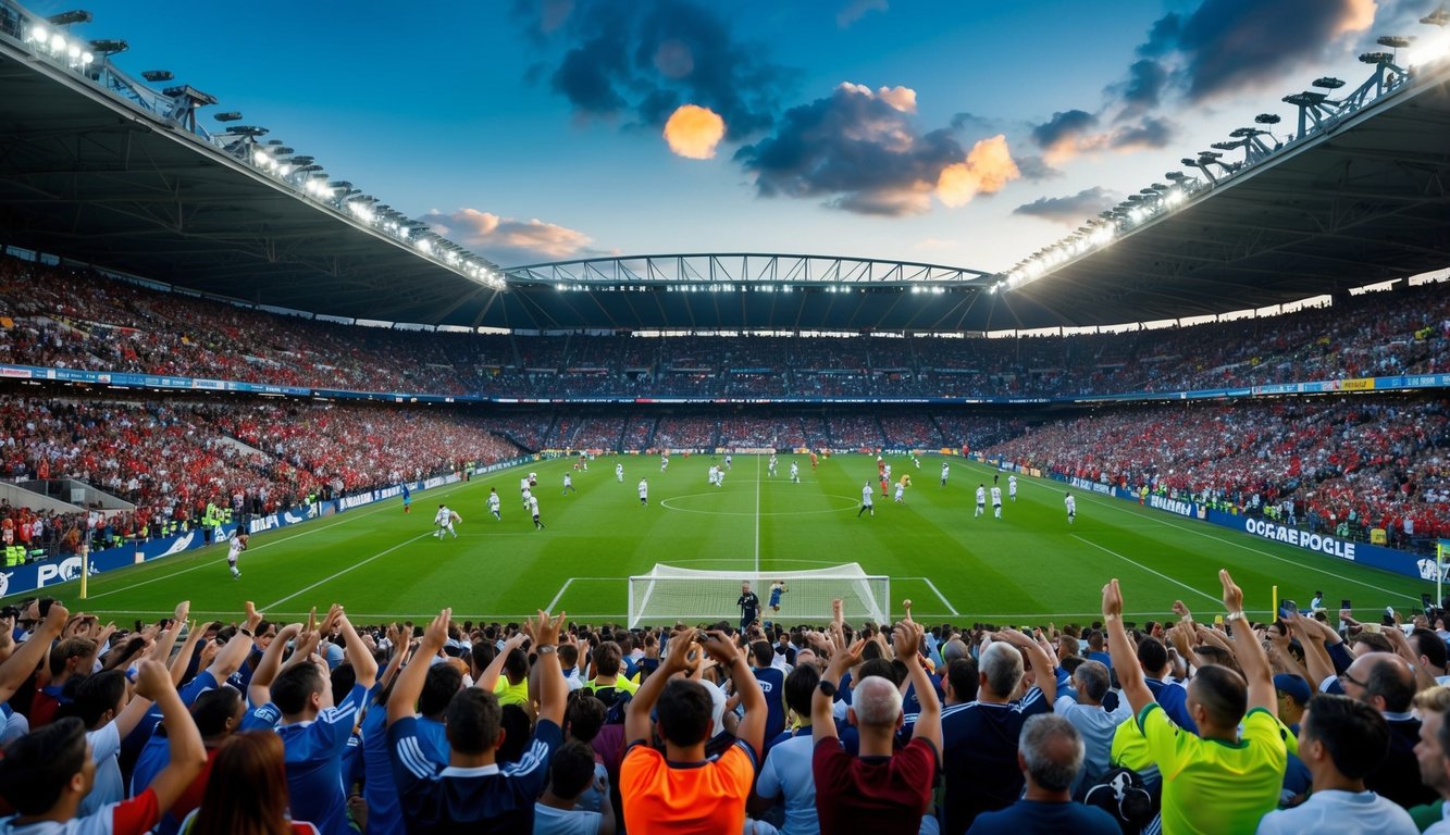 Sebuah stadion yang ramai dipenuhi dengan penggemar yang bersorak, dengan pertandingan sepak bola yang sedang berlangsung di lapangan