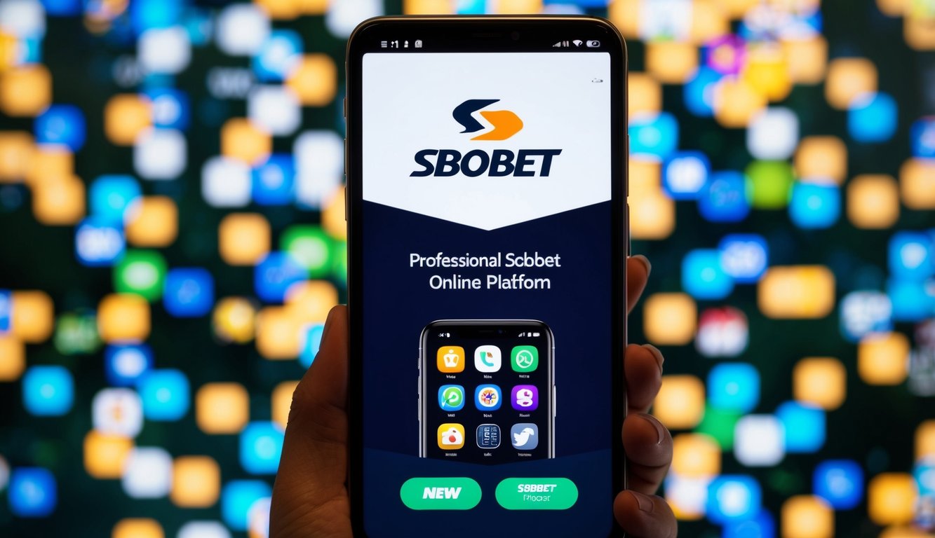 Sebuah smartphone dengan platform online Sbobet yang ditampilkan, dikelilingi oleh berbagai ikon aplikasi mobile