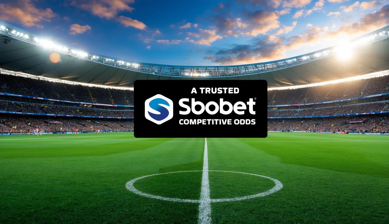 Sebuah lapangan sepak bola yang semarak dengan stadion yang ramai, menampilkan logo situs Sbobet terpercaya dengan odds tinggi dan kompetitif