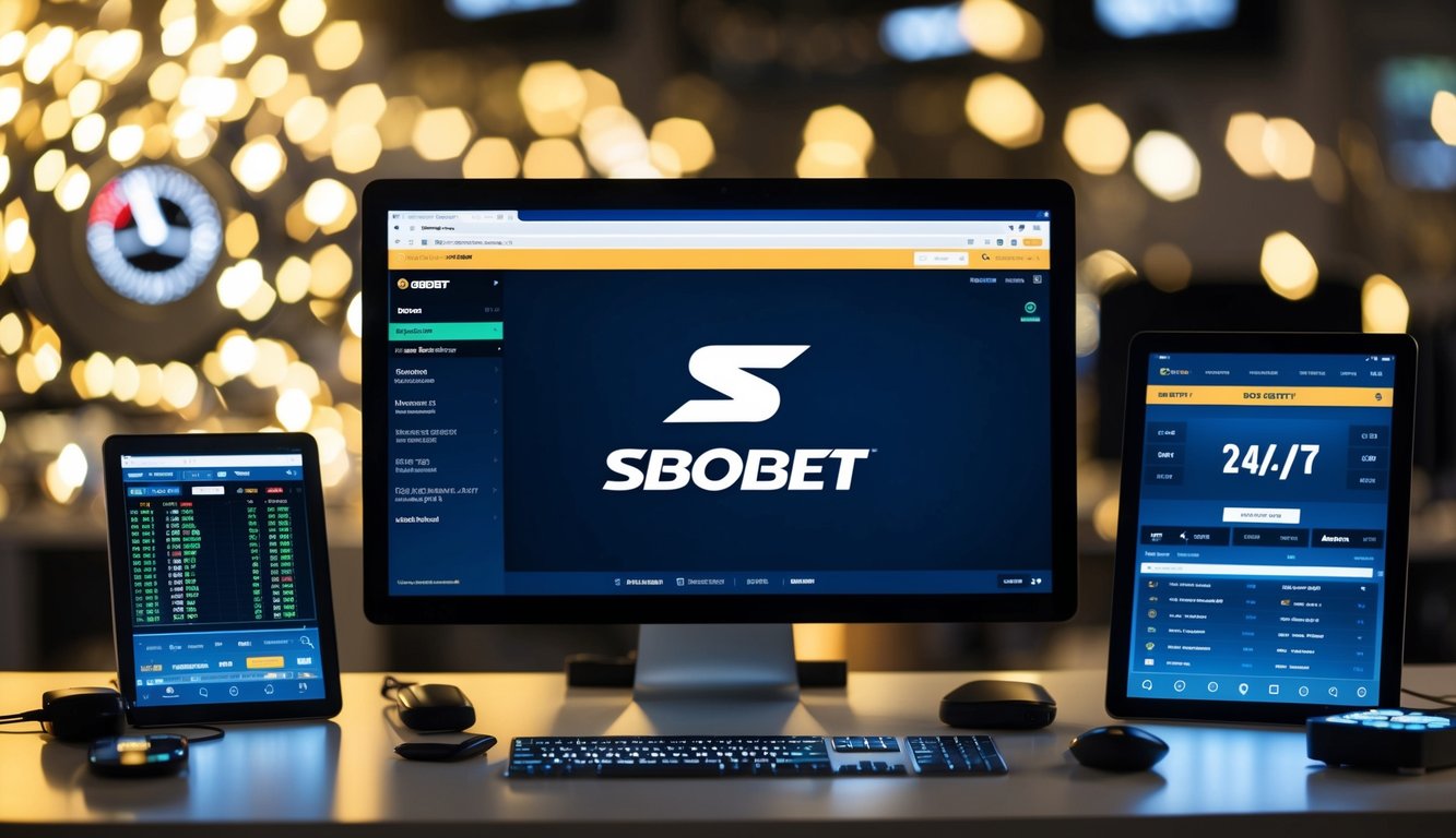 Sebuah layar komputer menampilkan antarmuka taruhan langsung dengan logo Sbobet, dikelilingi oleh perangkat elektronik dan jam yang menunjukkan 24/7